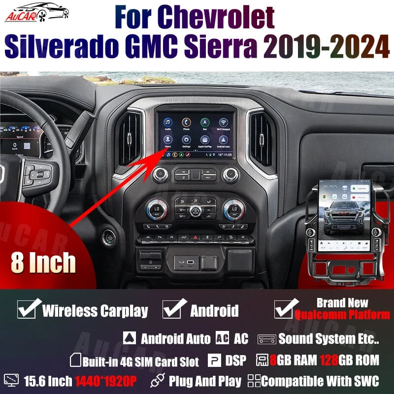 2019-2026 Chevrolet Silverado GMC Sierra Android 14 Tesla Style Vertical Screen 15.6" CarPlay GPS Radio LED Knobs