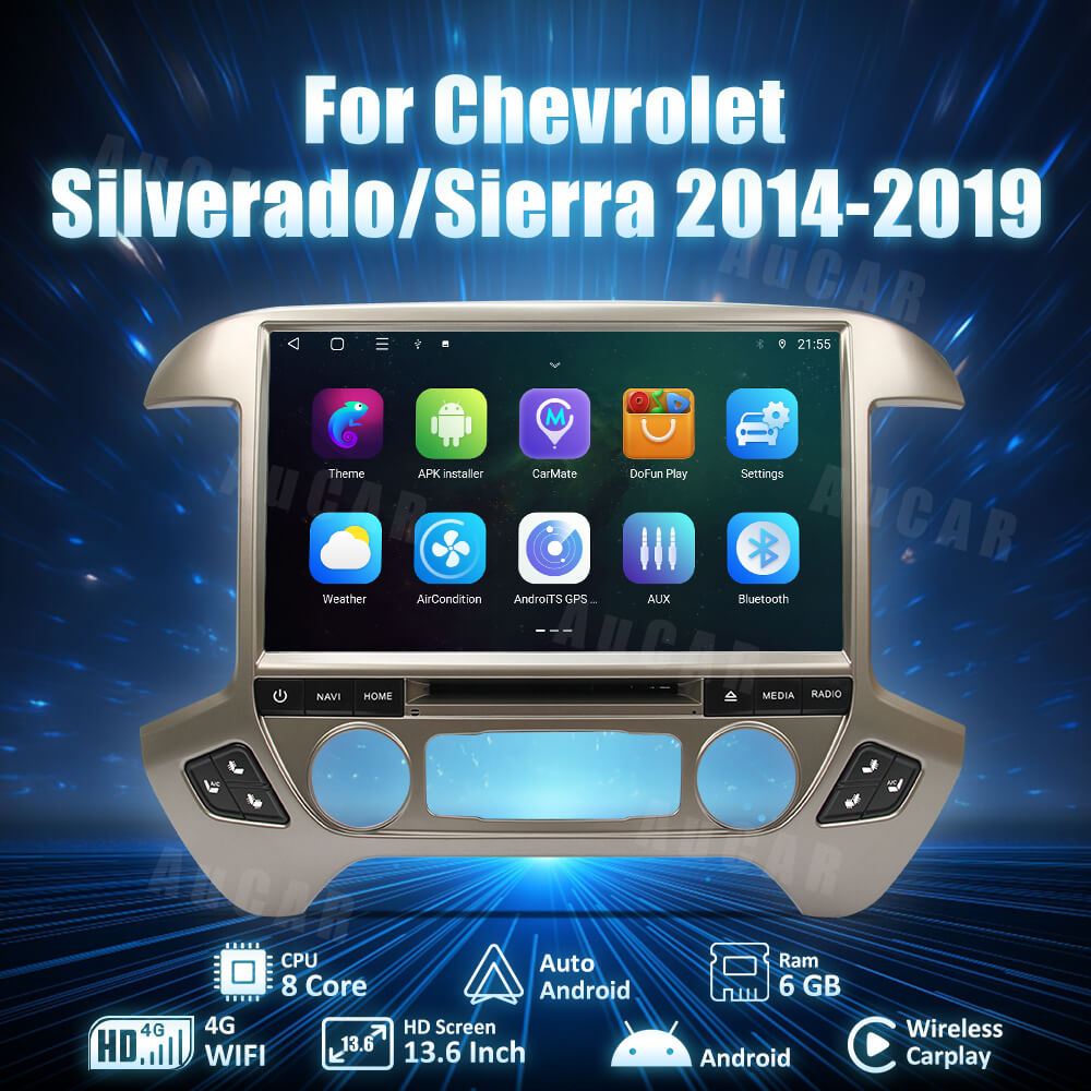 2014-2019 Silverado Sierra AuCar Tesla Screen 13.6" Android 13 CarPlay