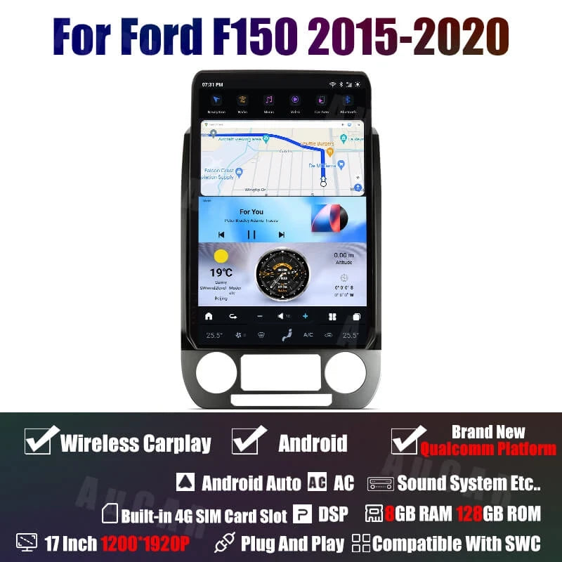 2015-2022 Ford F150 F250 F350 F450 Tesla Vertical Screen 17"" CarPlay GPS Radio 128G