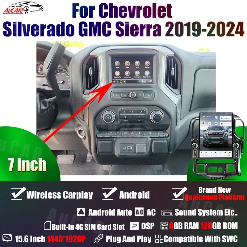 2019-2025 Chevrolet Silverado GMC Sierra Android 14 Tesla Style Vertical Screen 15.6" CarPlay GPS Radio LED Knobs