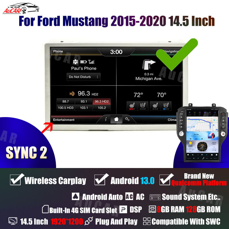 2015-2020 Ford Mustang Tesla Vertical Screen 14.5"" CarPlay GPS Radio 128G