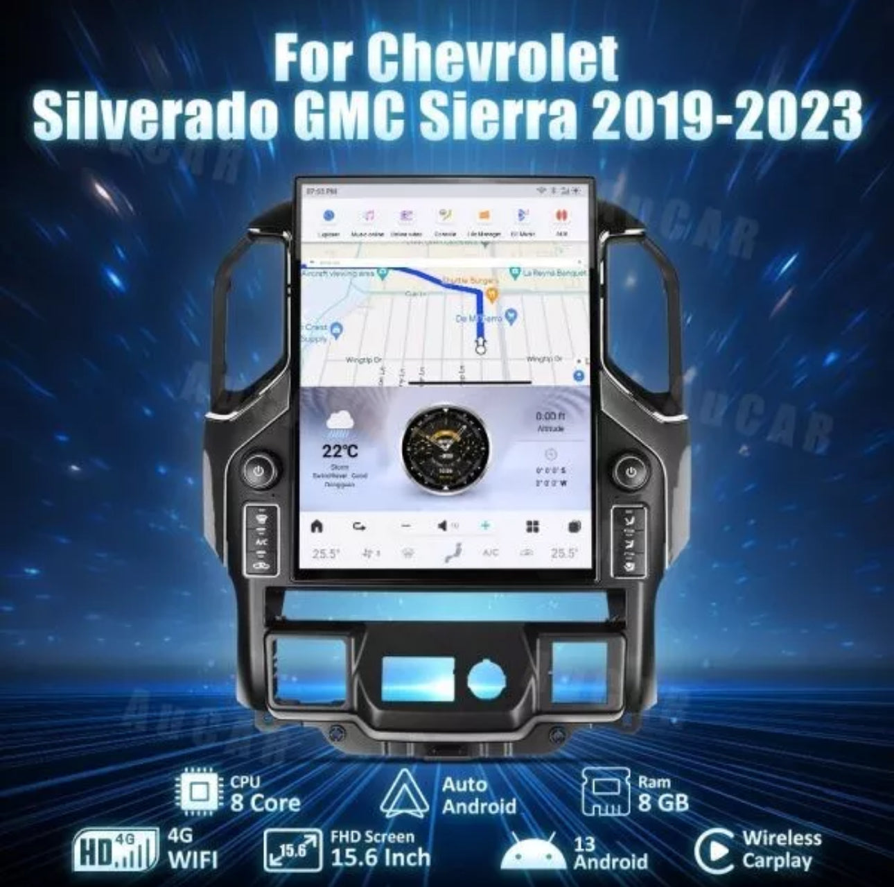 2019-2024 Chevrolet Silverado Sierra Tesla Vertical Screen 15.6" CarPlay GPS Radio