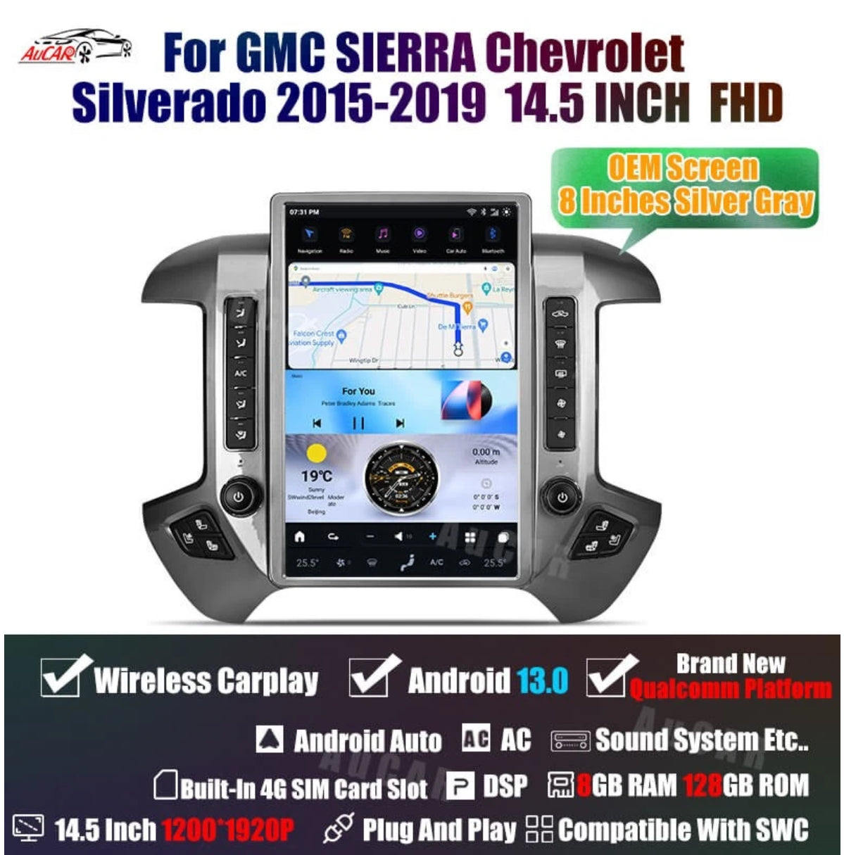 2015-2019 Silverado Sierra AuCar Tesla Screen 14.5" Android 13 CarPlay